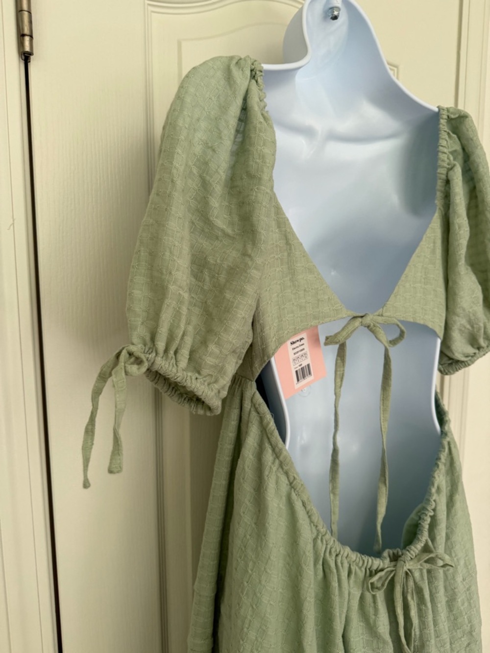 Showpo Dress Sage Green US 4 Cotton Gauze Puff Sleeve Open Back Midi Cottagecore - Picture 5 of 12